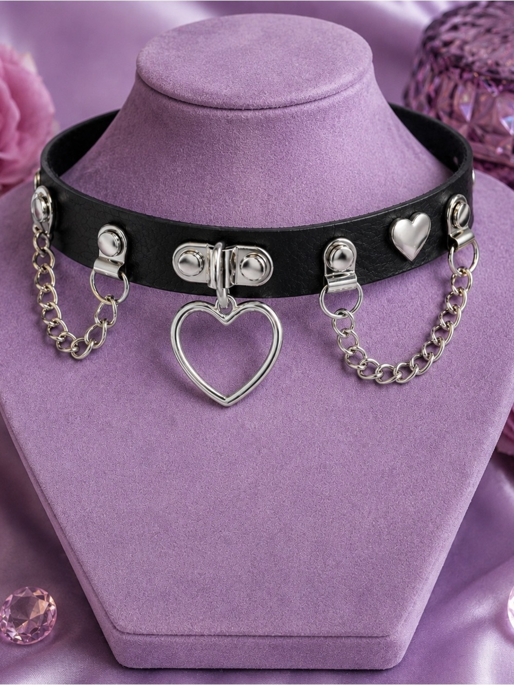 Black Heart Detail Chain Choker Necklace New